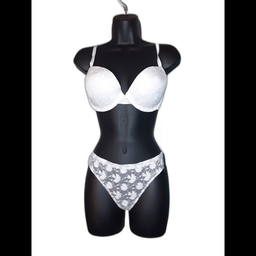 Youmita White 36C Floral Lace Push-Up Bra & Large Seamless Floral Lace Panty NWT